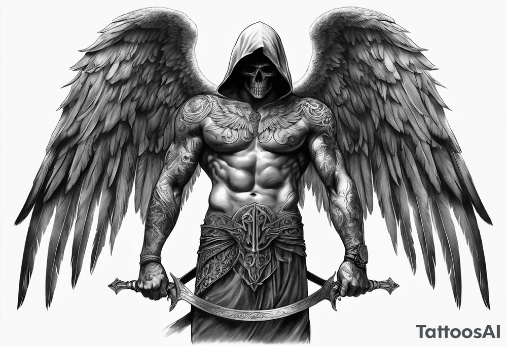 realistic full body of angel of death, without face, man tattoo idea