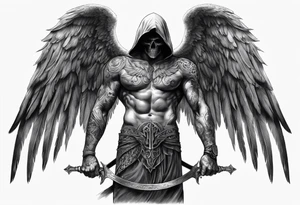 realistic full body of angel of death, without face, man tattoo idea