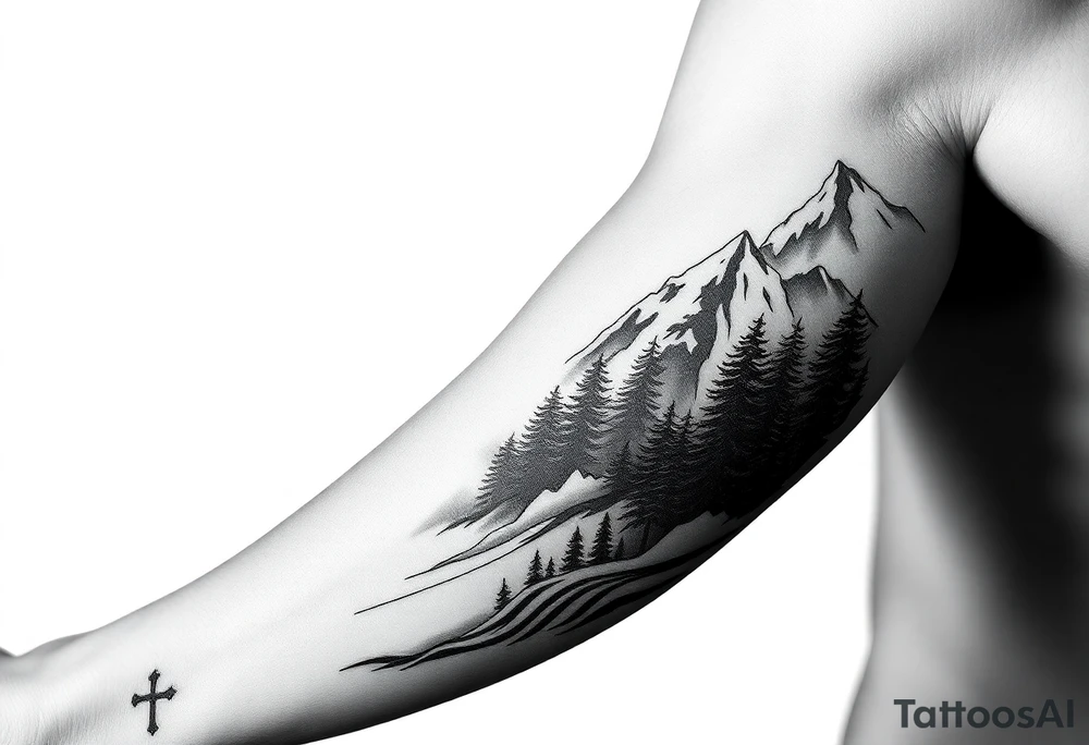 russian christian orthodox cross which is relatively small, with the diagonal line at the bottom with a light forrest with a light mountainous setting tattoo idea
