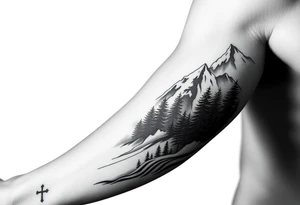 russian christian orthodox cross which is relatively small, with the diagonal line at the bottom with a light forrest with a light mountainous setting tattoo idea