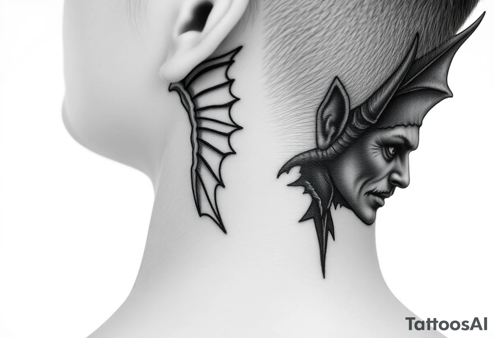 position behind the neck Angel (on the right) whispering in the right ear, demon (on the left) whispering in the left ear tattoo idea