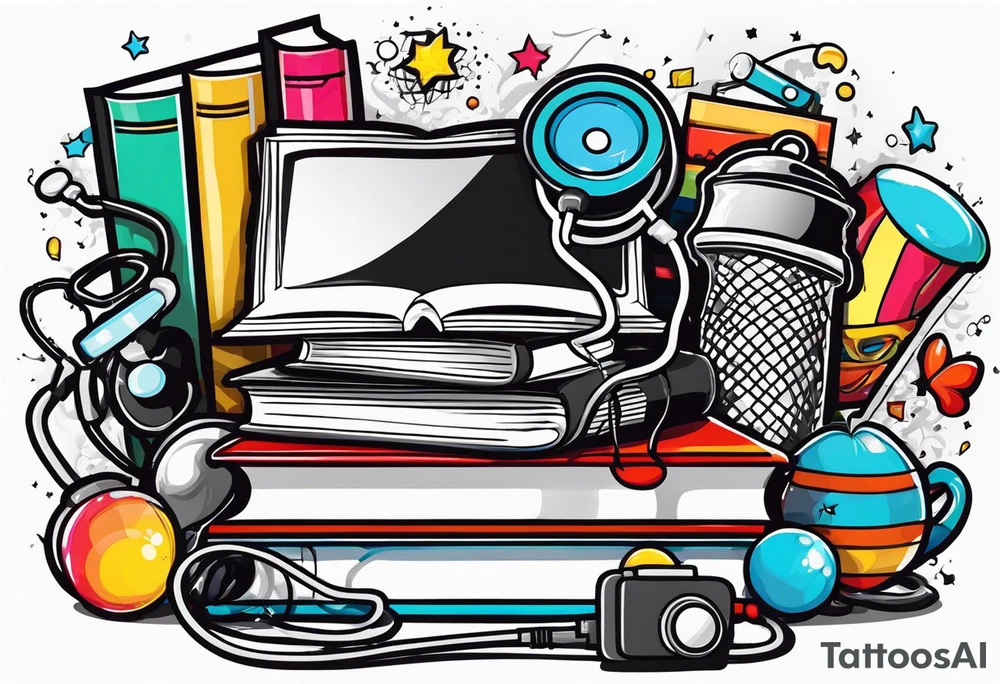 Books, video games, stethoscope, music, drums tattoo idea