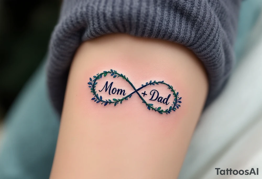 A delicate infinity symbol in violet and emerald green with “Mom + Dad” intertwined. tattoo idea