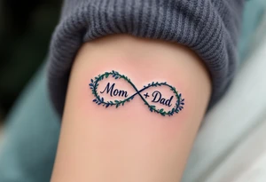A delicate infinity symbol in violet and emerald green with “Mom + Dad” intertwined. tattoo idea