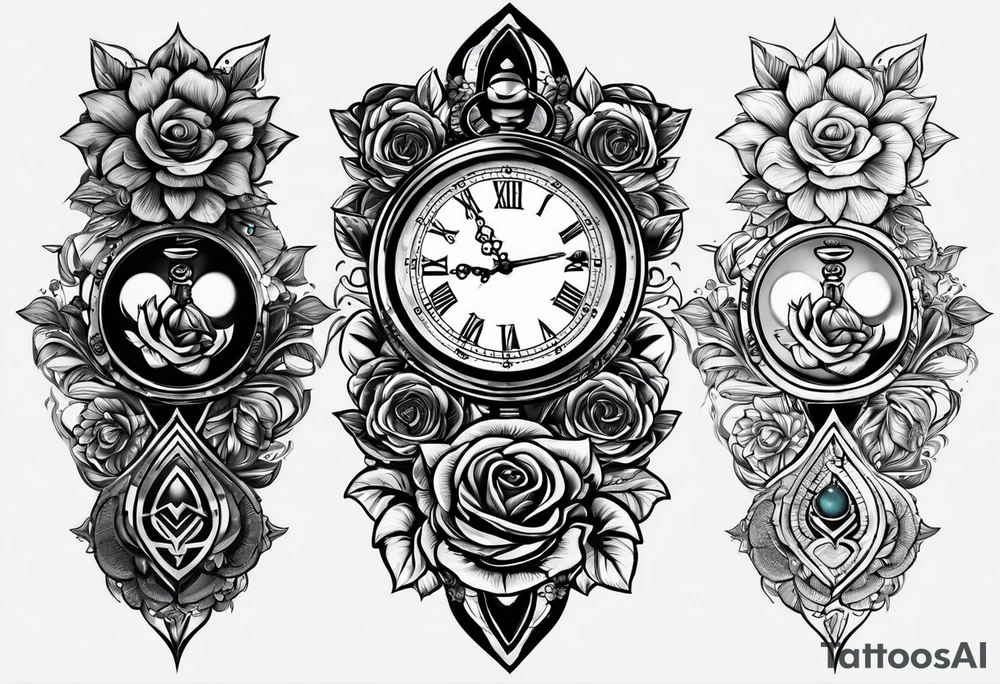 I want a design to print on t-shirts. The design is an hourglass with a wristwatch in the middle with Amazigh numbers, and this watch is surrounded by planets and Ashulk roses. tattoo idea