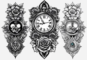 I want a design to print on t-shirts. The design is an hourglass with a wristwatch in the middle with Amazigh numbers, and this watch is surrounded by planets and Ashulk roses. tattoo idea