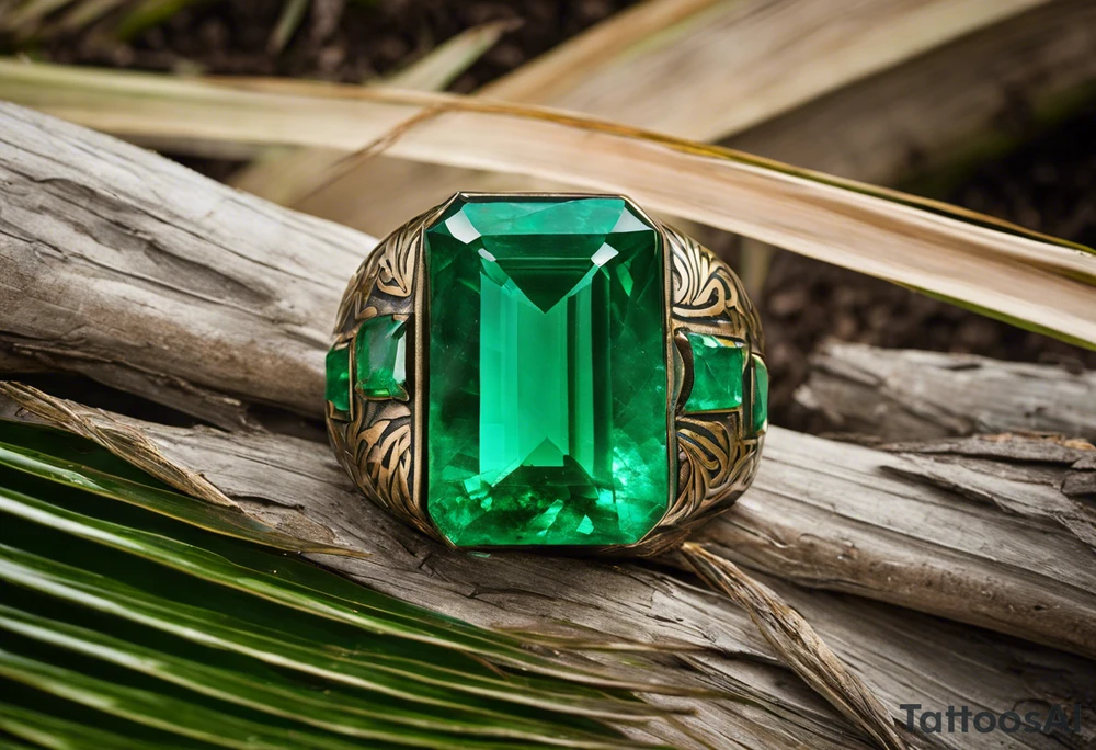 Tattoo: A striking Gachala emerald sits at the base of a tall quindio wax palm, which grows resiliently from cracks in rugged, rocky soil. The emerald is the main focal point, symbolizing strength and endurance, while the wax palm, rooted in the soil’s crevices, represents growth and resilience. A small water stream flows gently from the rocks, adding an element of life and nourishment. Style: Surrealism. tattoo idea