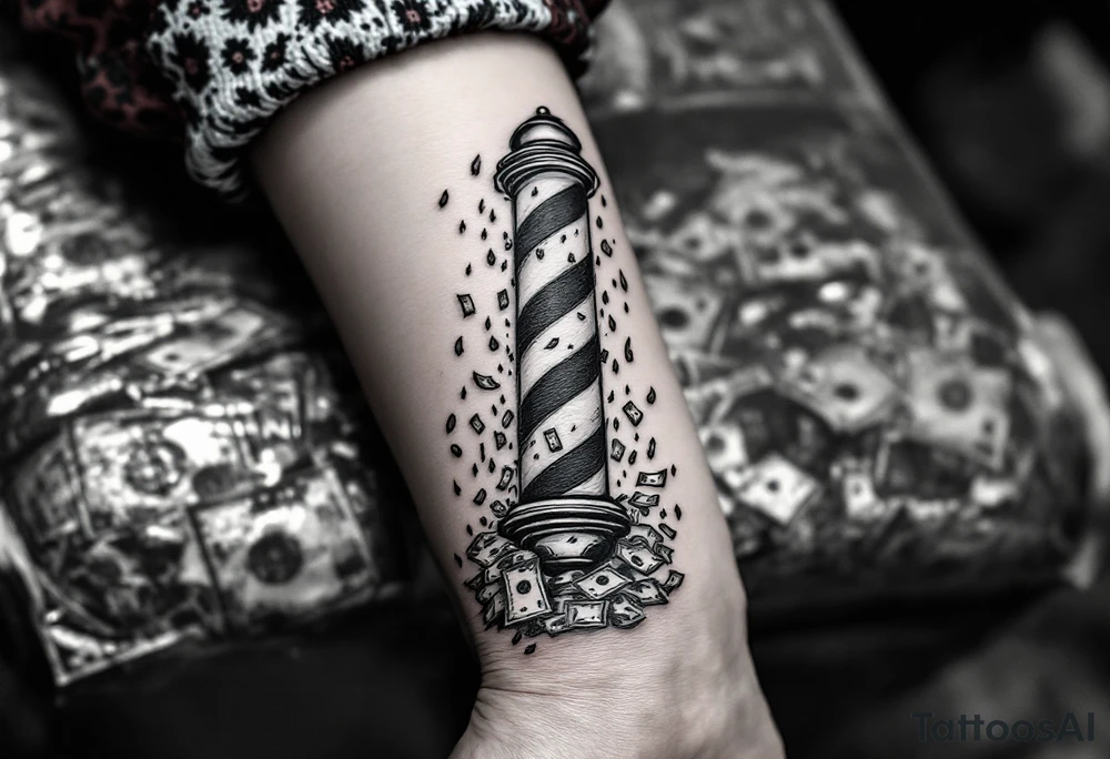 Barber pole with raining money tattoo idea