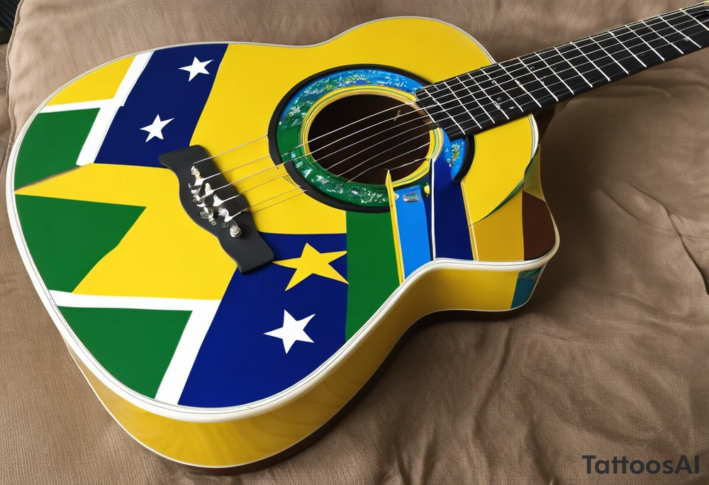acoustic guitar with cut diagonally with one side with the flag of curacao, the other with some raggae colors. on the outside of the guitar, the side with the curacao flag to adorned with some beach or sea creature theme, like a sea turtle. The side with the raggae to have some music notes flowing out tattoo idea