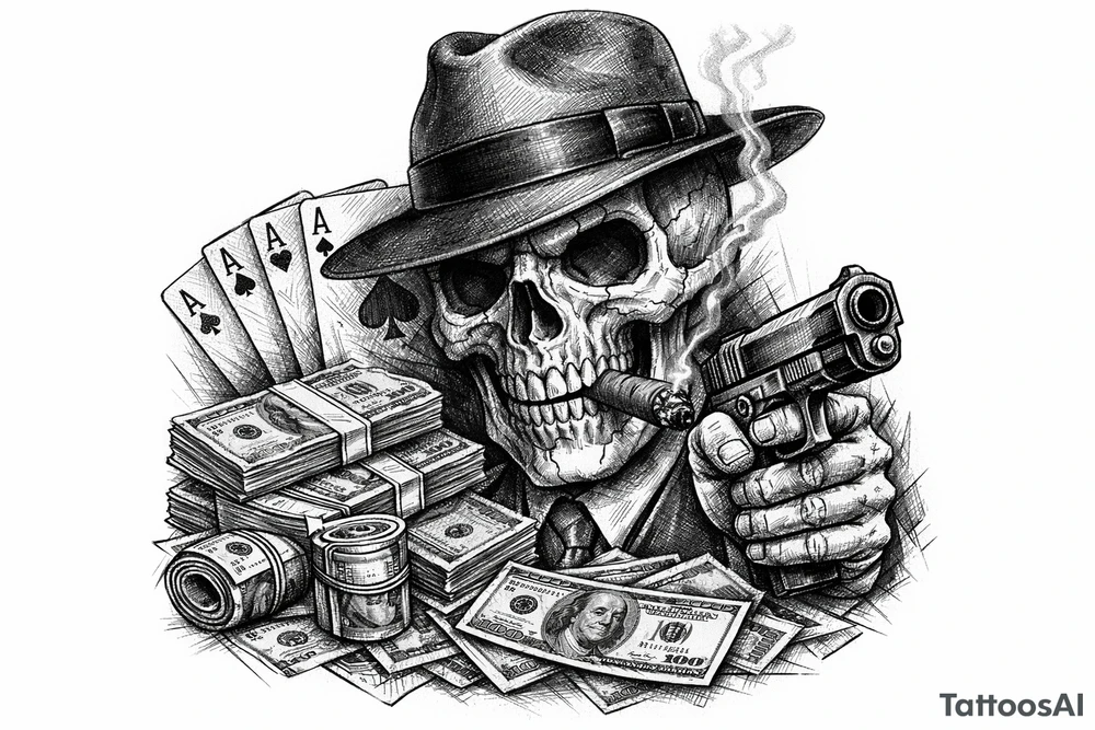 skull with gangster-hat,cigar in his mouth,gun in a hand,playing cards,a lot of money. tattoo idea