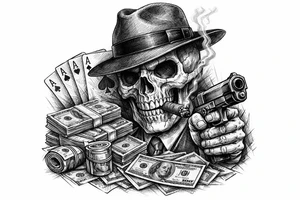 skull with gangster-hat,cigar in his mouth,gun in a hand,playing cards,a lot of money. tattoo idea