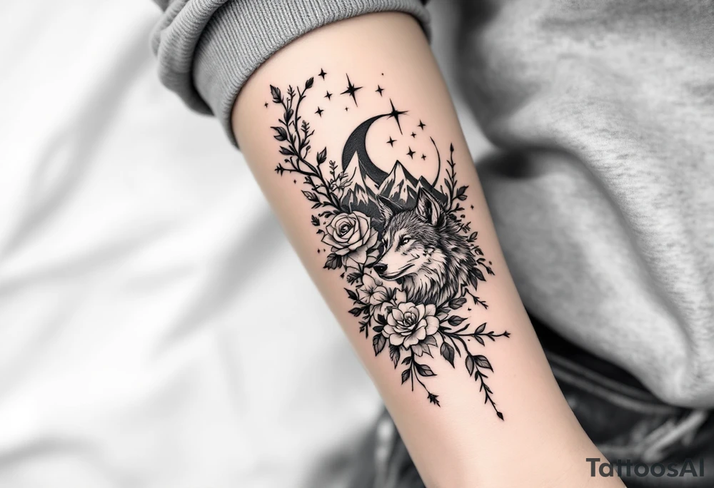 Rose vine with wolf, moon and stars mountains wrap tattoo idea