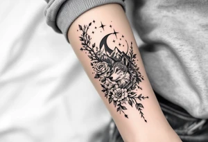 Rose vine with wolf, moon and stars mountains wrap tattoo idea