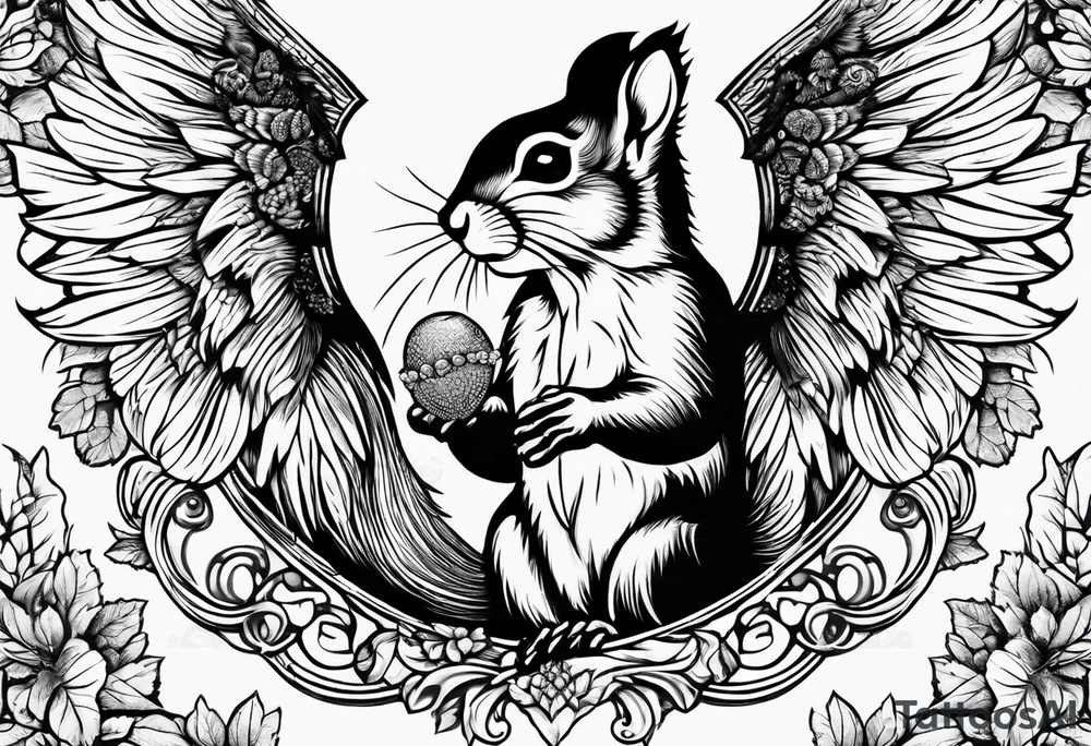 Squirrel with angel wings holding an acorn tattoo idea
