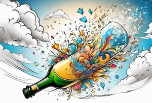 A champagne bottle exploding in the sky, above the earth which is spinning tattoo idea