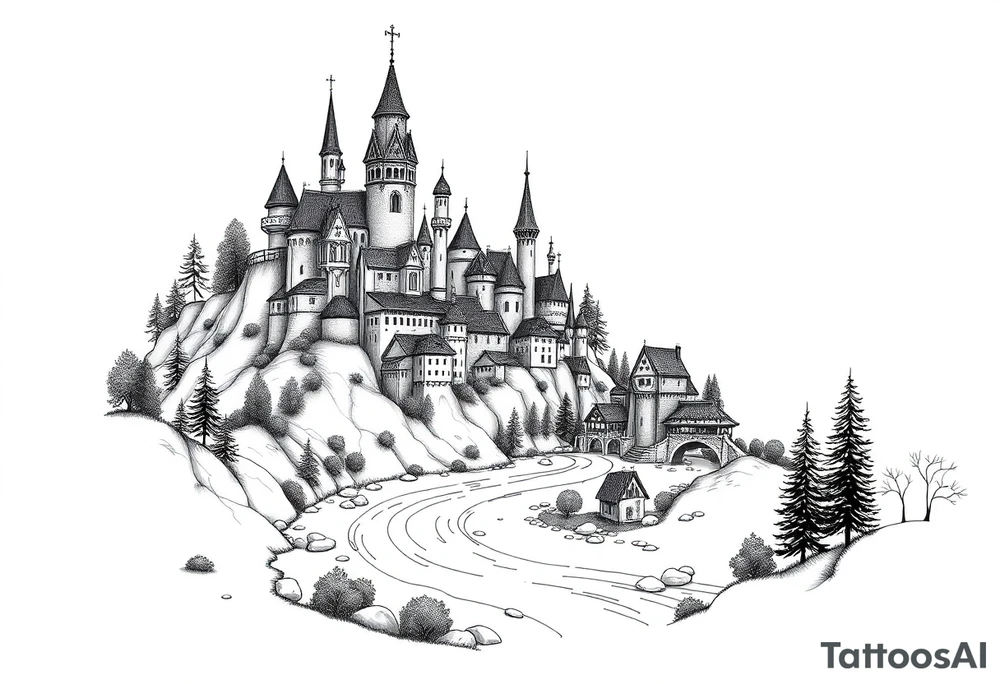 Magical fairy land city with river and bridge tattoo idea
