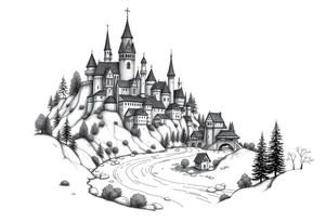 Magical fairy land city with river and bridge tattoo idea