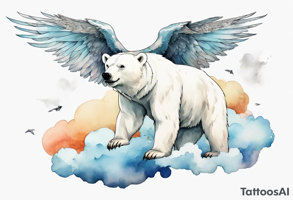 a winged polar bear, standing on clouds with wind pouring from his mouth tattoo idea