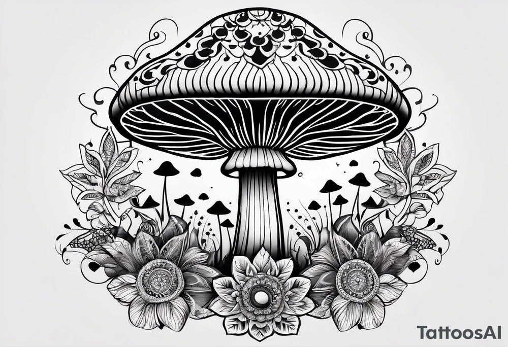Black mushroom tattoo with henna style mandala design surrounding it tattoo idea