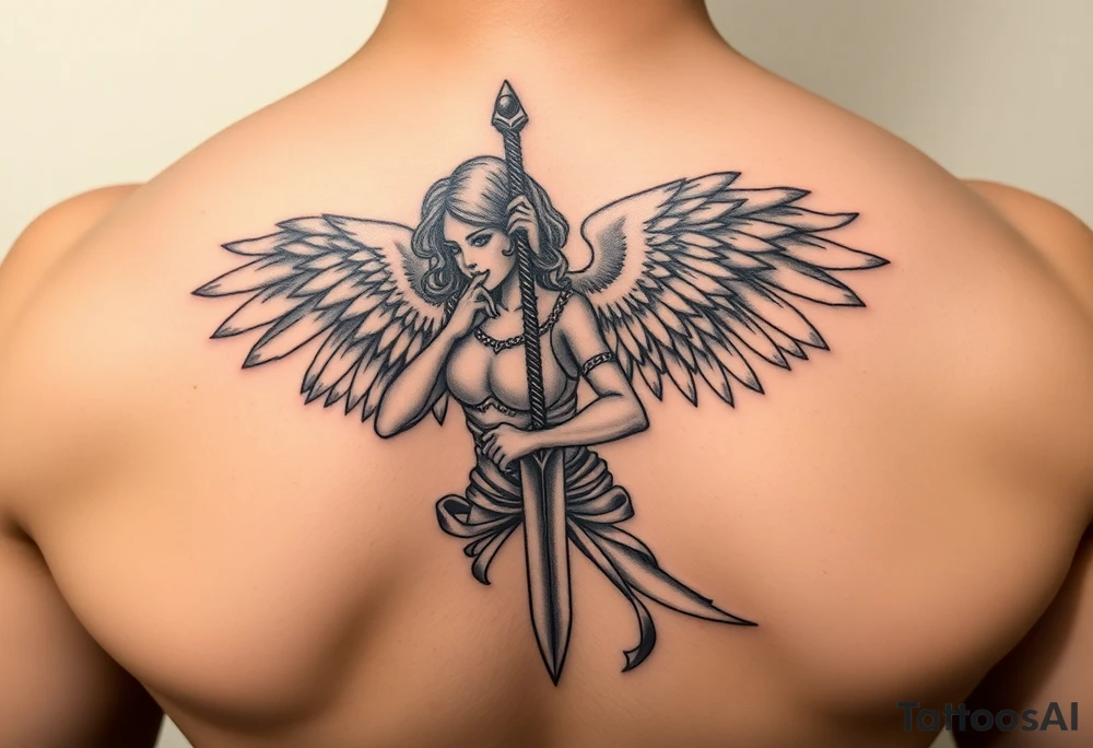 Fierce Female Angel warrior with dagger Greek style with dark shading tattoo idea