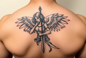 Fierce Female Angel warrior with dagger Greek style with dark shading tattoo idea