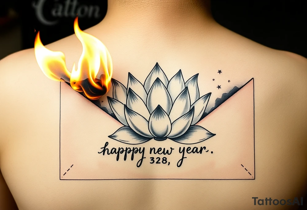 burning envelope with flames, charred paper texture, partially burnt edges, smoke and sparks   lotus flower surrounding envelope, watercolor lotus with gradient petals, traditional ink style lotus   handwritten text "hamburger, happy newyear", vintage cursive font on burnt paper, faded ink effect   neo-traditional tattoo, ink wash lotus, blackwork shading tattoo idea