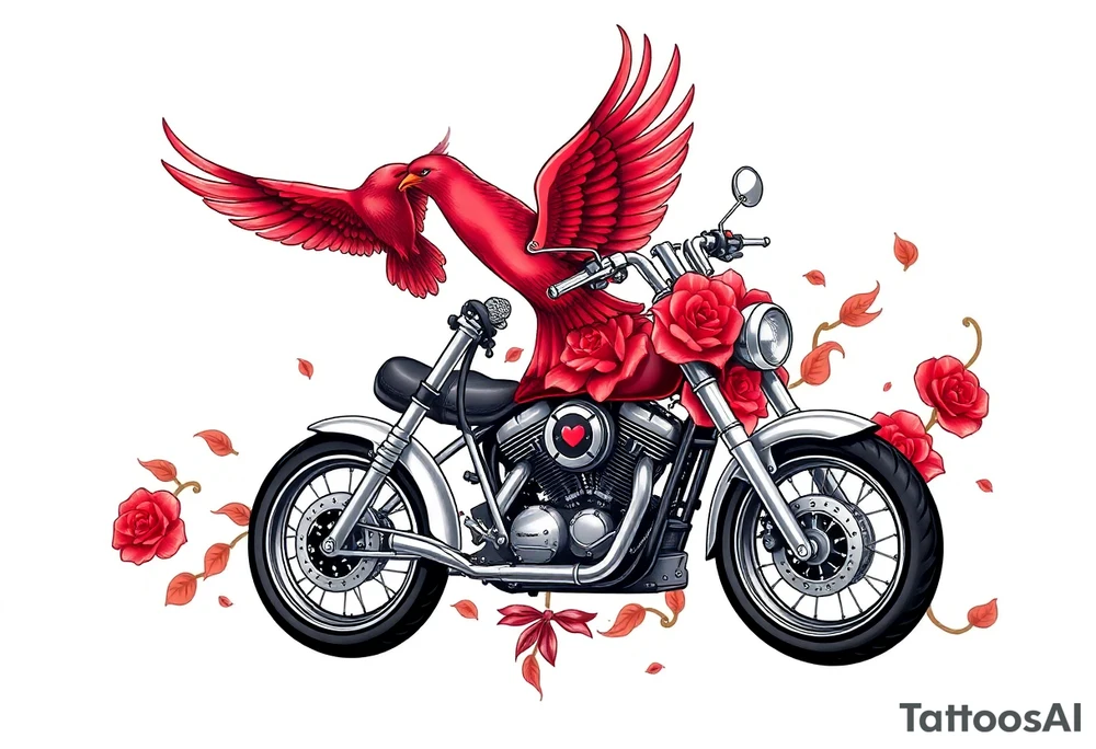 Motorcycle, red bird flying, roses and lace, flames tattoo idea
