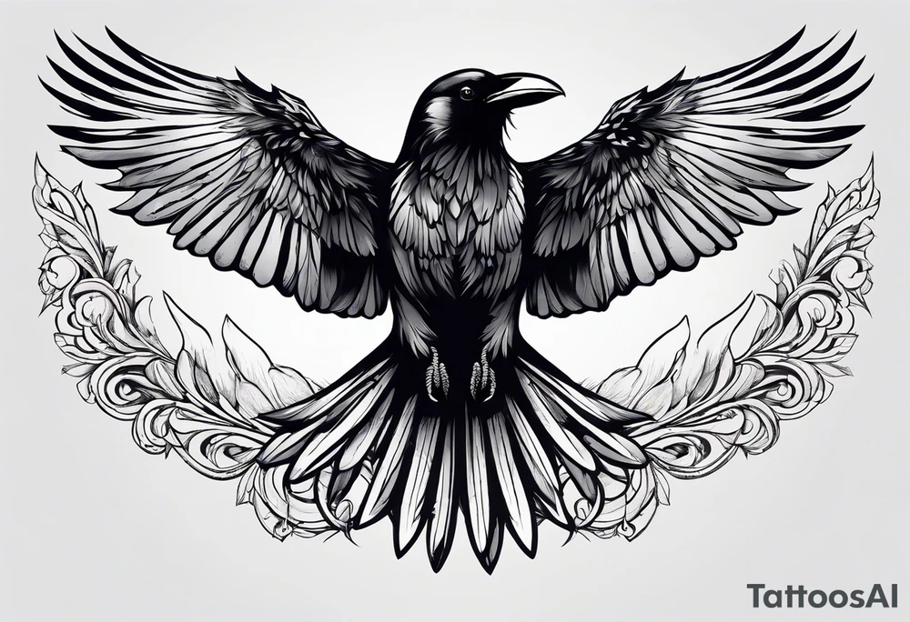 crow with open wings, only line drawing, symmetrical, without background, tattoo idea crow with open wings, only line drawing, symmetrical, without background, tattoo idea