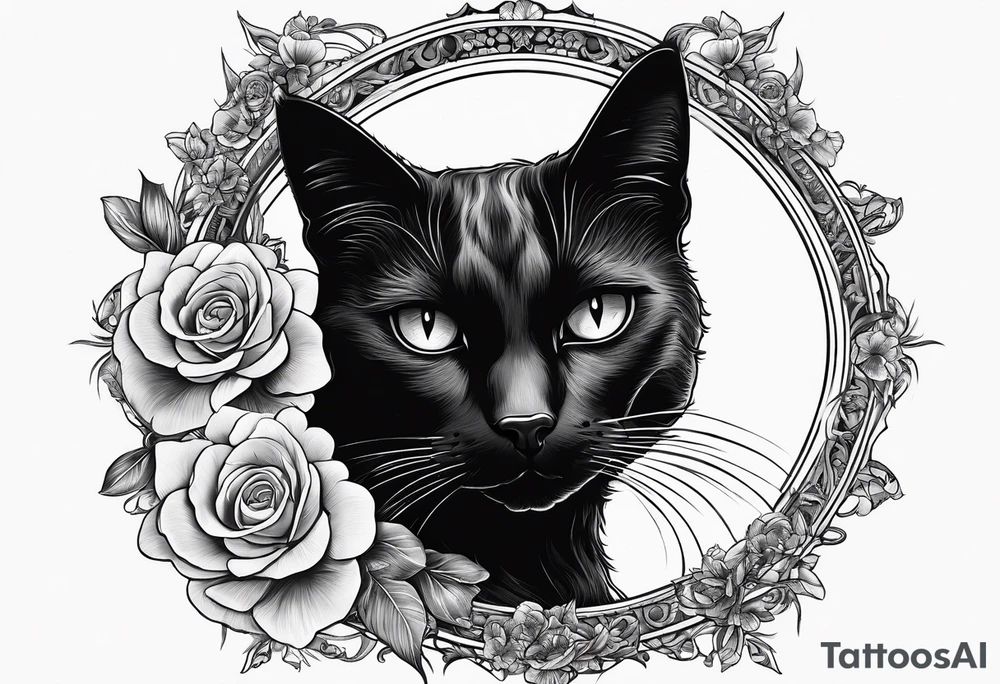 Photo realistic black cat head only facing forward add flowers shaped in a crescent moon facing sideways tattoo idea