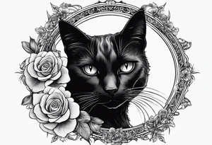 Photo realistic black cat head only facing forward add flowers shaped in a crescent moon facing sideways tattoo idea