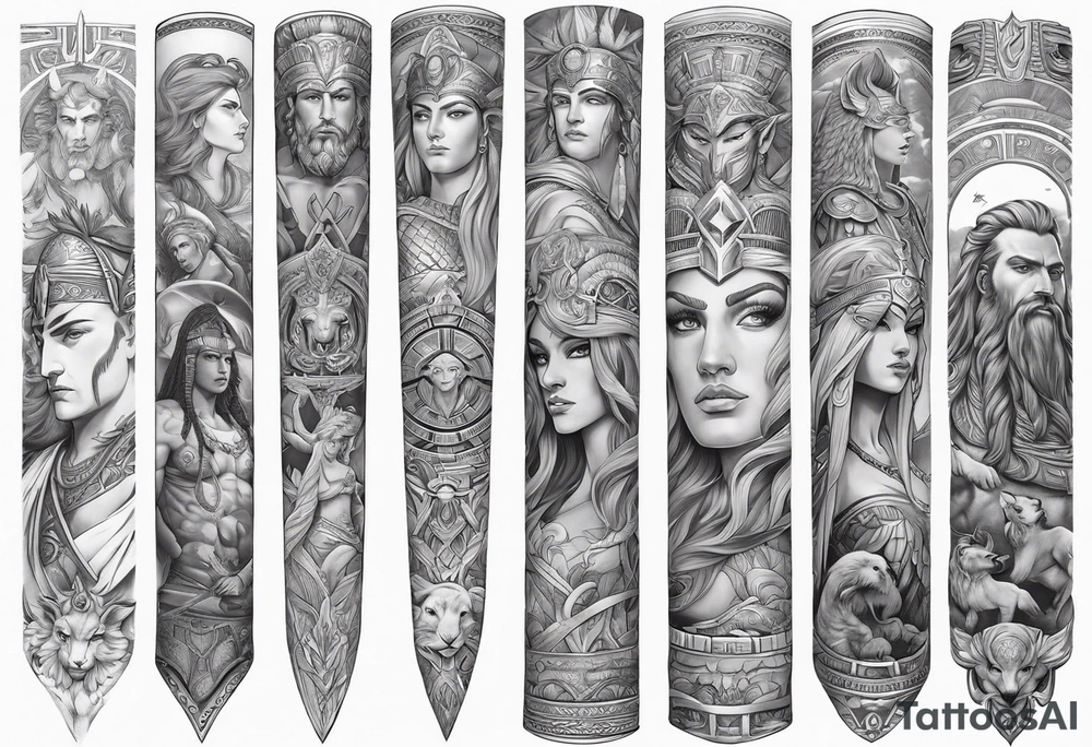 Full Arm sleeve. Mixed gods including.
Greek gods & Egyptian gods & norse gods and Christianity tattoo idea