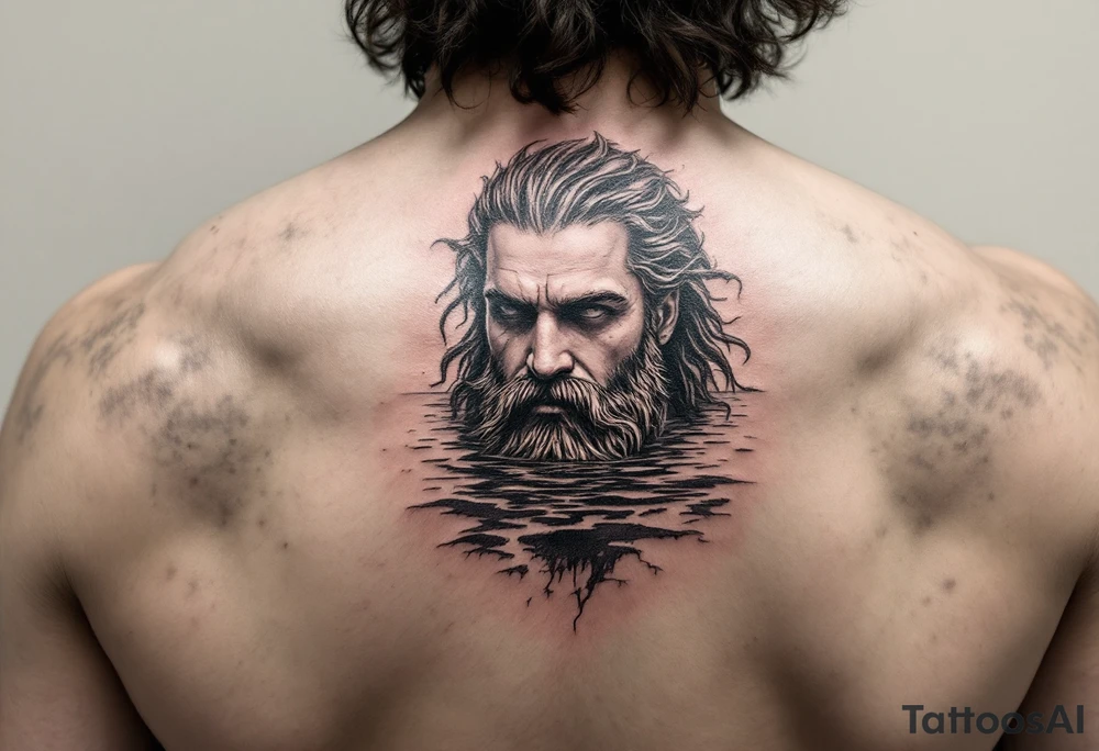 Poseidon half way under calm water at sunset tattoo idea