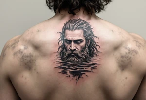 Poseidon half way under calm water at sunset tattoo idea