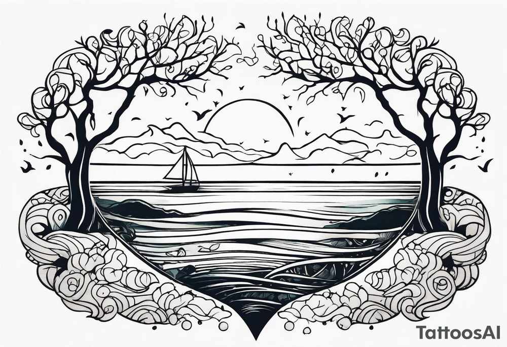 calm sea and tree of life without frame tattoo idea