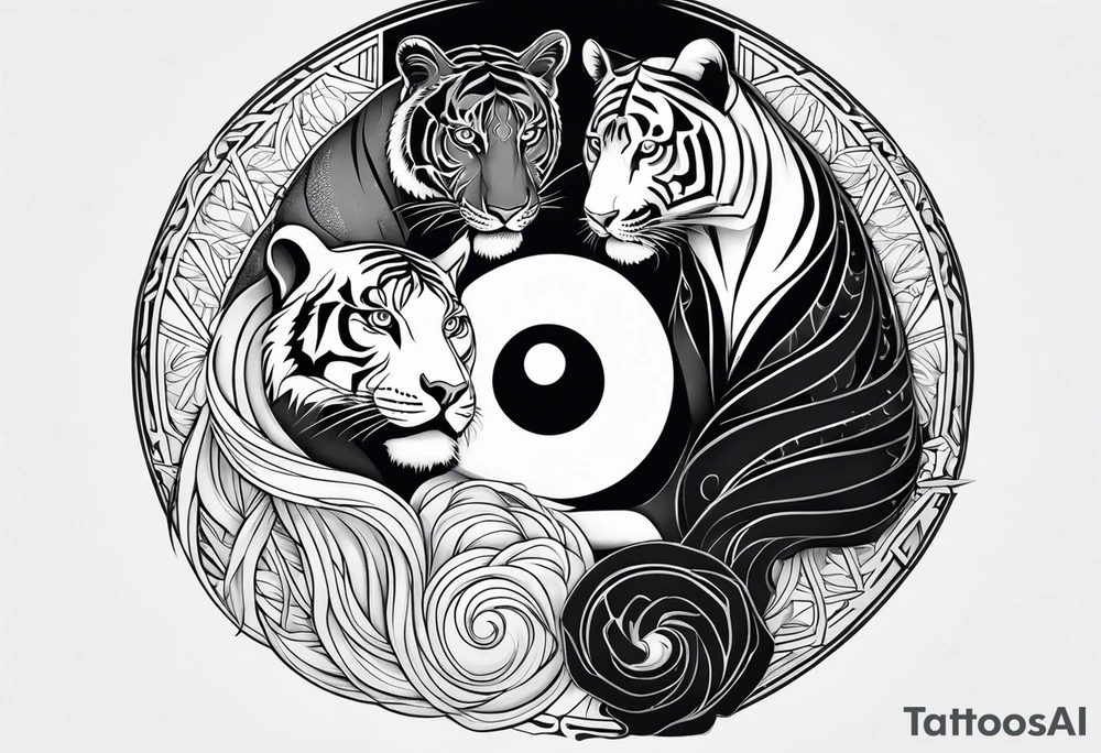 Tiger and panther yin yang, girl looking down at camera, full sleeve tattoo idea