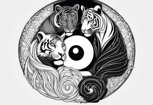 Tiger and panther yin yang, girl looking down at camera, full sleeve tattoo idea