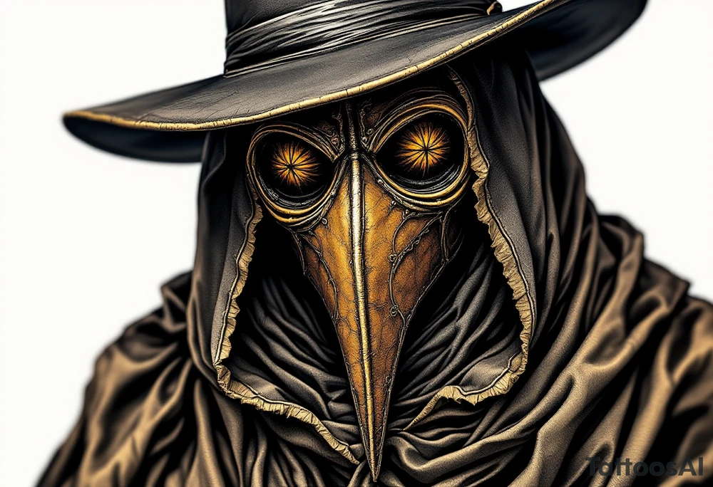 Renaissance-Inspired Plague Doctor – A highly detailed, old-world-style illustration of a plague doctor with a weathered brown leather mask, a black hat, and deep folds in the cloak, resembling classic Renaissance etchings. tattoo idea