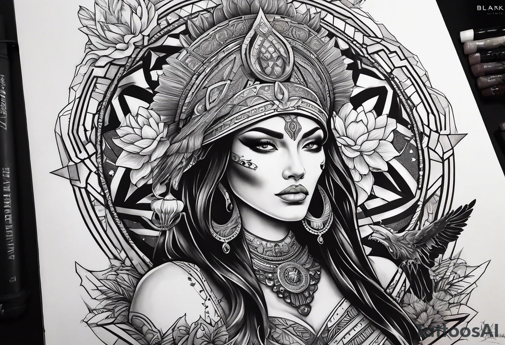 kali ma, alien goddess, valkrye, pirate, divine feminine, zenza resonance, pachamama, lotus azul, blank panther, eagle, skull, 5D, nueva gaya, dna 12 tattoo idea