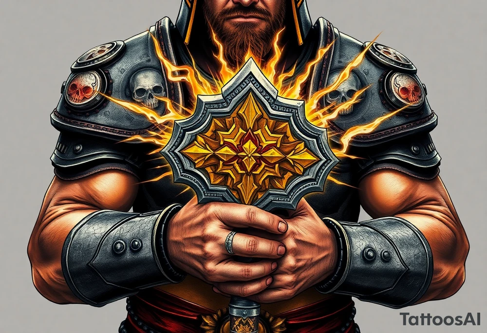 Warhammer, the Old World. A warrior priest of Sigmar holding The Warhammer of Sigmar. The Warhammer of Sigmar is radiating thunderous energy. The Warhammer is held by the warrior priest with both hands upon his chest level. The Warrior priest is wearing dark alloyed heavy armour (reference armor from warhammer vermintide 2 Victor Saltzpyres, the warrior priest of Sigmar class) with skull sigils on his shoulder pads. The warrior priest is wearing a helmet, while the helmets front visor has an humanoid face covering. The helmet and armour are gladened with hints of gold and crimson red. The Warhammer is silverish and golden with a long handle tattoo idea