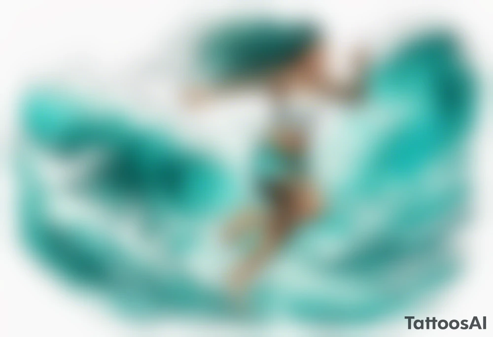 a turquoise water woman running through crashing waves tattoo idea