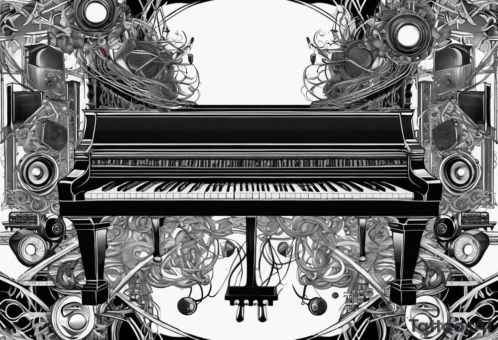 Piano, drums, guitar, speakers, headphones, cassette tapes, woven and interconnected by lines and cables. tattoo idea