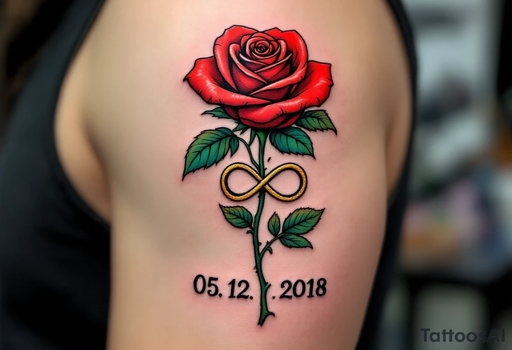 A detailed rose with its stem forming an infinity symbol, with the couple’s wedding date "05. 12. 2018" beautifully incorporated into the design. Red rose with green leaves, gold for the infinity symbol, and black for the date. tattoo idea
