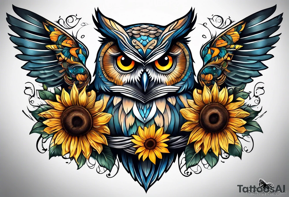 Sleeve with an owl, sunflower and butterfly tattoo idea