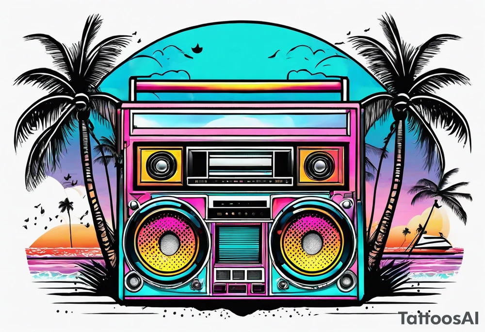 1980'S BOOM BOX MIAMI VICE STYLE, BEACH , PALM TREES, MUSIC NOTES tattoo idea