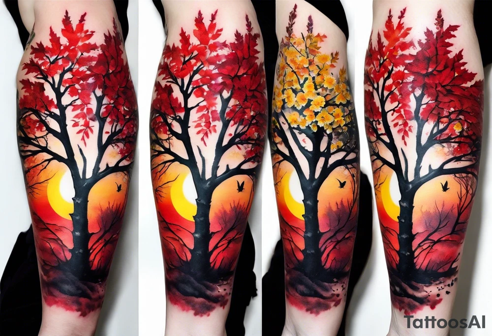 trash polka style. Arm tattoo. Long tattoo. Full sleeve. Shoulder. A single large maple tree with red autumn leaves that branches upwards from wrist to shoulder. White-throated dipper bird on the trees branches. Calluna flowers at the base of the trees stem. Tree stem has dark colors. Red/yellow sunset behind the trees stem. Leaves falling. tattoo idea