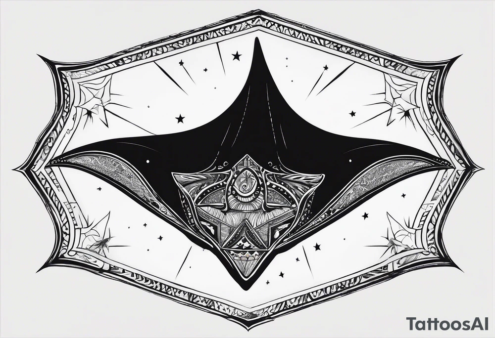 Simple manta ray with a nautical star inside and an octagon around tattoo idea