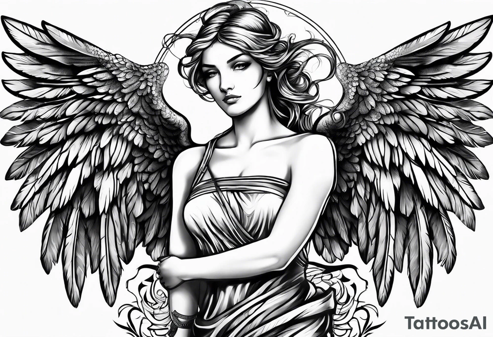 naked angel with big wings tattoo idea