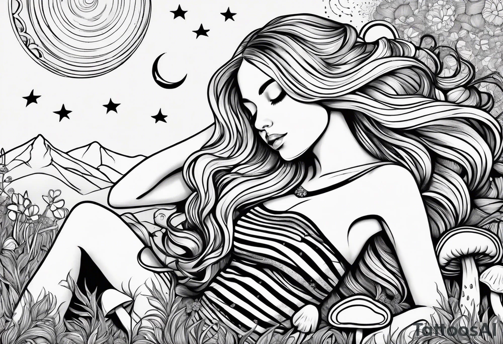 Straight blonde hair girl in black and white striped dress sleeping in a field of mushrooms with mountains s
and crescent moon mandala background tattoo idea