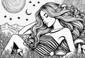Straight blonde hair girl in black and white striped dress sleeping in a field of mushrooms with mountains s
and crescent moon mandala background tattoo idea