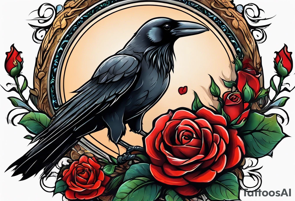 Crow standing holding a red rose tattoo idea